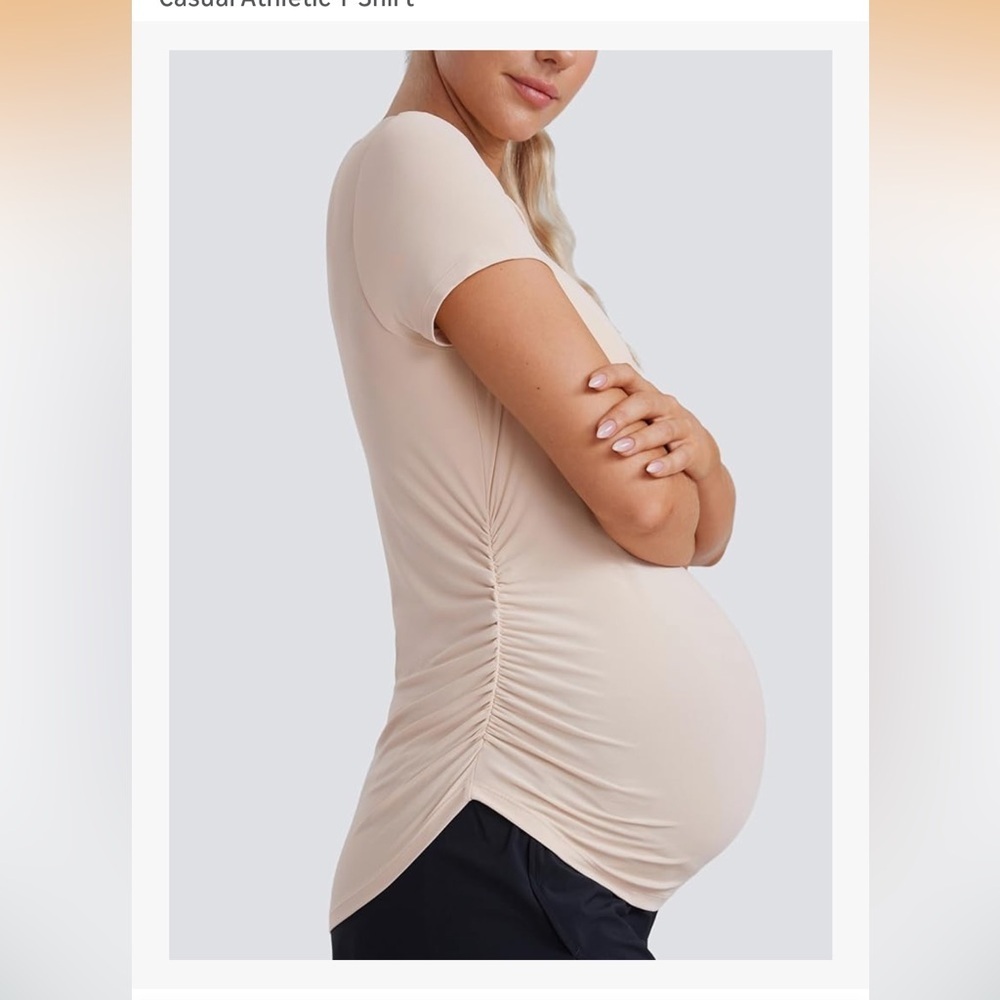Nwot Crz Yoga Women's Maternity Short Sleeve Side Ruched Cream Tee Xl — image 4 of 6